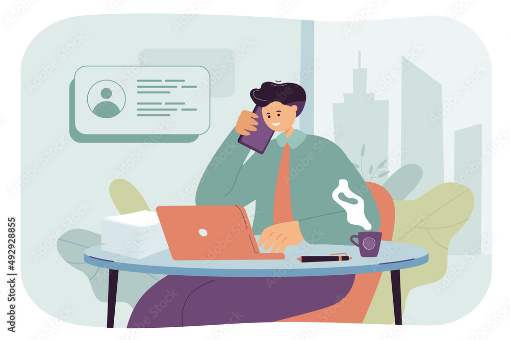 Office worker talking on phone flat vector illustration. Male manager sitting at desk and talking on telephone with boss, making appointment, solving business tasks. Communication concept Office worker talking on phone flat vector illustration. Male manager sitting at desk and talking on telephone with boss, making appointment, solving business tasks. Communication concept