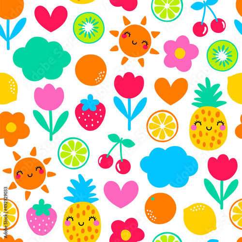 Cute colorful hand drawn tropical fruits seamless pattern for summer holidays background.