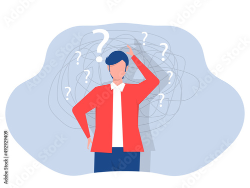 Businessman suffers from obsessive thoughts; headache; unresolved issues; psychological trauma; depression.Mental stress panic mind disorder illustration Flat vector illustration.