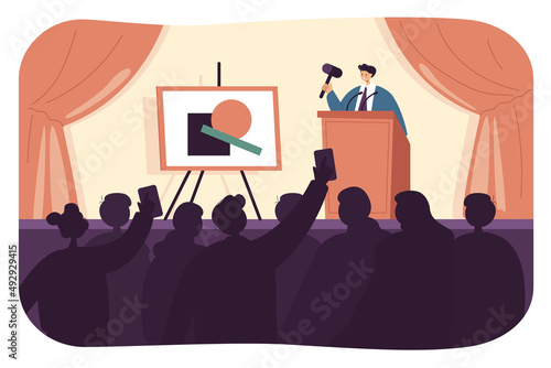 Auctioneer selling painting flat vector illustration. Man standing on stage in front of crowd of buyers, selling valuable items, using hummer. Art bidding, sale concept