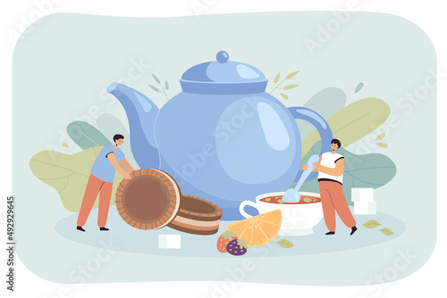 Tiny people with cup of tea and teapot flat vector illustration. Happy girl mixing sugar in huge cup of herbal or fruit tea with lemon. Boy with sweet chocolate biscuits. Hot winter beverage concept
