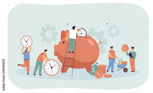 Tiny people putting clock into pig bank flat vector illustration. Men and women scheduling, planning tasks for saving money. Time turning into money. Business management, wealth concept