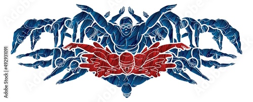 Group of Swimmer Action People Swimming Cartoon Sport Graphic Vector