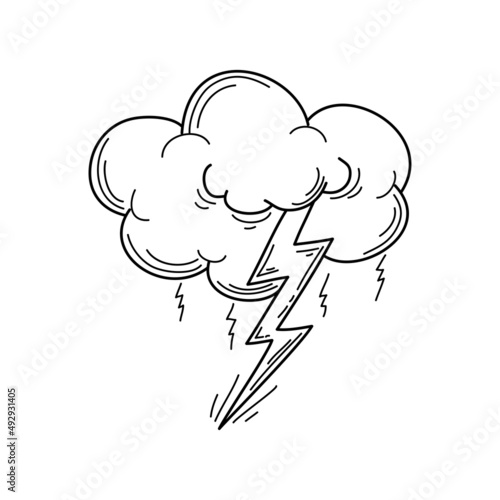 Hand drawn Cloud and lightning bolt icon. Doodle Rainstorm cartoon symbol. vector illustration