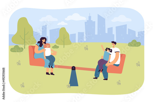 Parents and kids riding teeter-totter flat vector illustration. Happy family balancing on seesaw in city park together. Joy, recreation concept for banner, website design or landing web page