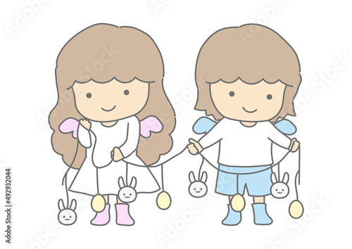 天使がイースターの飾りつけをしているイラスト