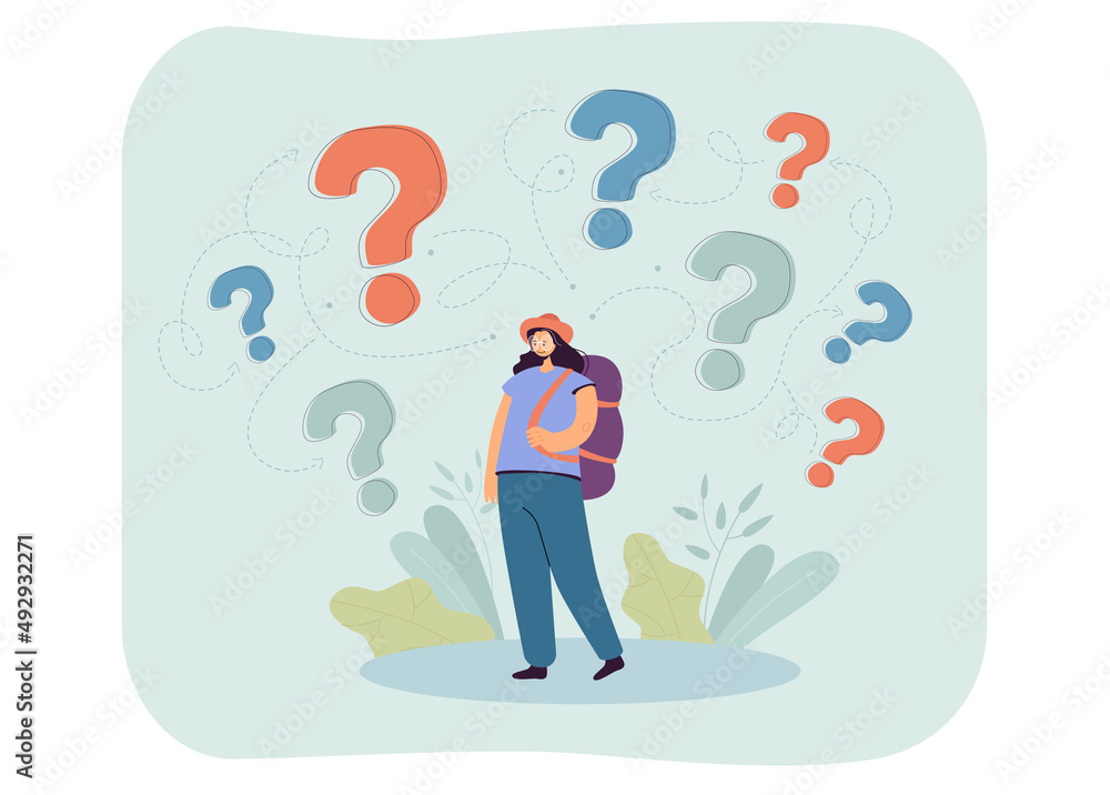 Female tourist with question marks above head. Girl with backpack thinking, wondering, making decision flat vector illustration. Travel, trip concept for banner, website design or landing web page
