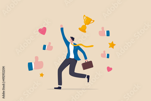 Fotografia Appreciate high performance employee, good job or praising success staff, recognition or congratulation concept, cheerful success businessman with appreciation thumbs up applause, stars and trophy