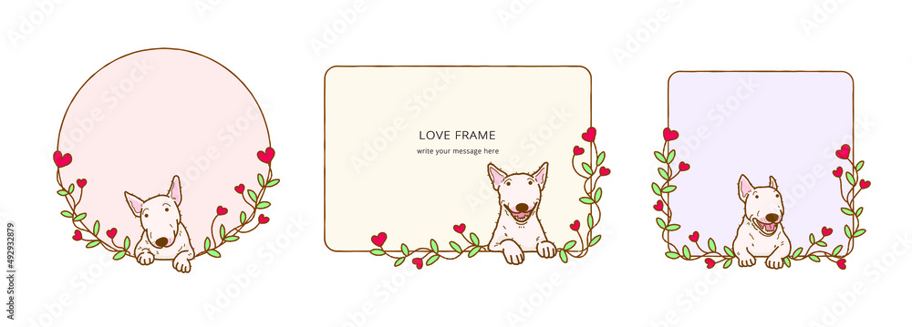 Frame with Cartoon bull terrier dog , Lovely dog in love on valentines day illustration Frame