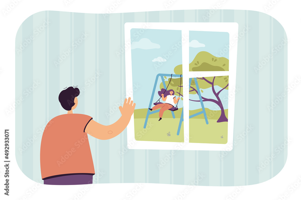 Man waving to friend swinging on swings through window. Boy staying at home and looking at girl outdoor flat vector illustration. Pandemic concept for banner, website design or landing web page Man waving to friend swinging on swings through window. Boy staying at home and looking at girl outdoor flat vector illustration. Pandemic concept for banner, website design or landing web page