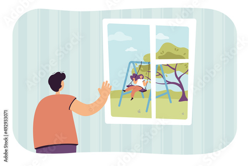 Man waving to friend swinging on swings through window. Boy staying at home and looking at girl outdoor flat vector illustration. Pandemic concept for banner, website design or landing web page