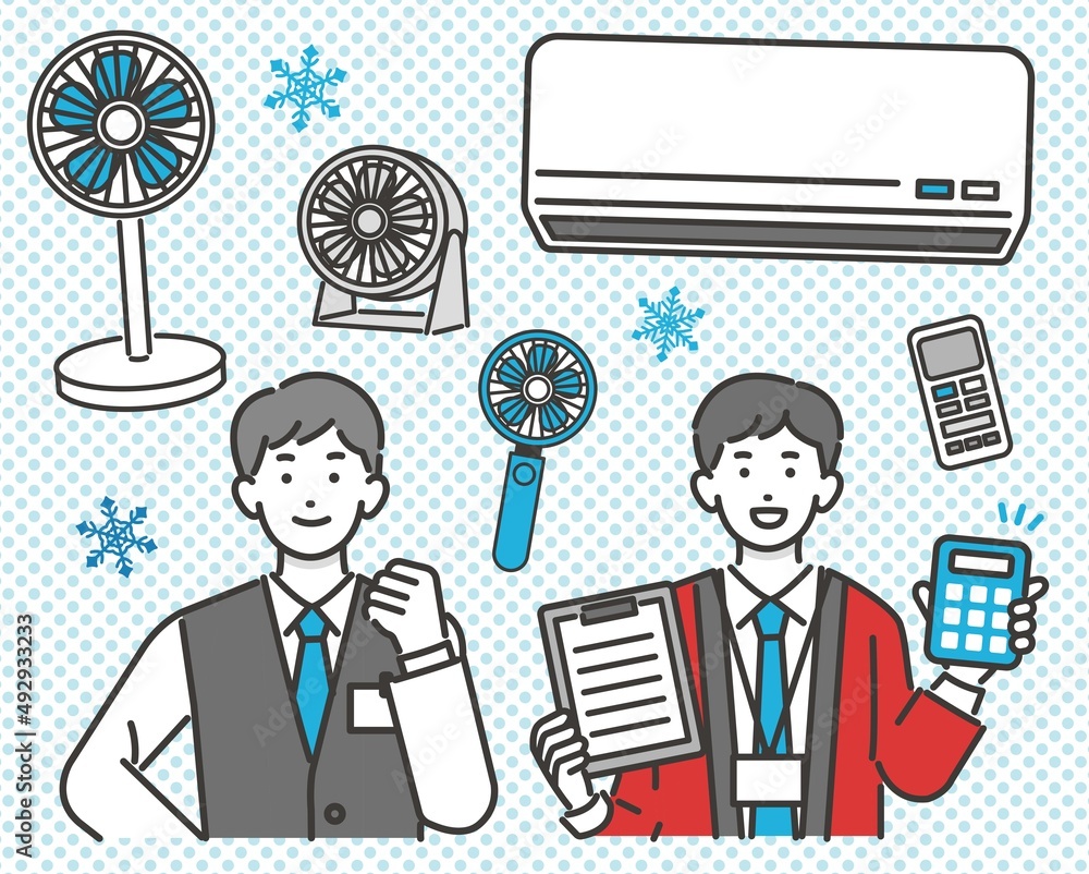 夏の家電と家電量販店の店員のベクターイラスト素材 エアコン 夏 扇風機 Stock Vector Adobe Stock