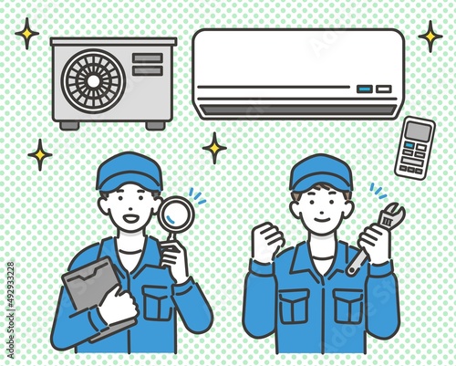 クーラー（エアコン）と電気工事士の作業員の店員のベクターイラスト素材／エアコン／夏／修理／清掃／取り付け