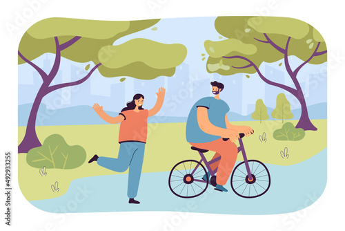 Happy father riding bicycle with kid flat vector illustration. Dad and daughter walking, having fun in park together. Family, sport, recreation concept for banner, website design or landing web page © SurfupVector