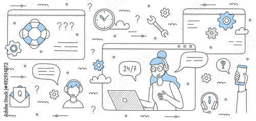 Customer support doodle concept with call center hotline operator communicate with customers via internet, technical clients assistance, information and faq services, Line art vector illustration