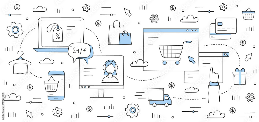 E-commerce background with doodle signs of web store sale, payment, delivery and customer support. Vector hand drawn illustration of internet retail service with basket, phone, bags, truck E-commerce background with doodle signs of web store sale, payment, delivery and customer support. Vector hand drawn illustration of internet retail service with basket, phone, bags, truck