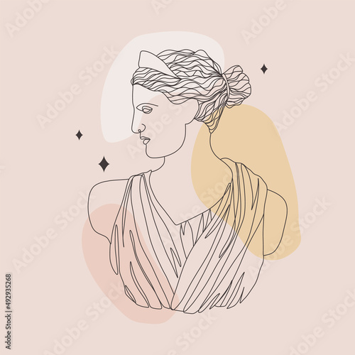 Ancient greek sculpture. Linear head of Artemis. Goddess antique statue. Trendy vector illustration in one line drawing style. Minimalist female bust with abstract shapes.