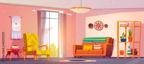 Boho, bohemian living room interior with window and furniture, armchair, cozy sofa, shelf with plants, round rag, hipster style decoration on wall, table, vintage design, Cartoon vector illustration