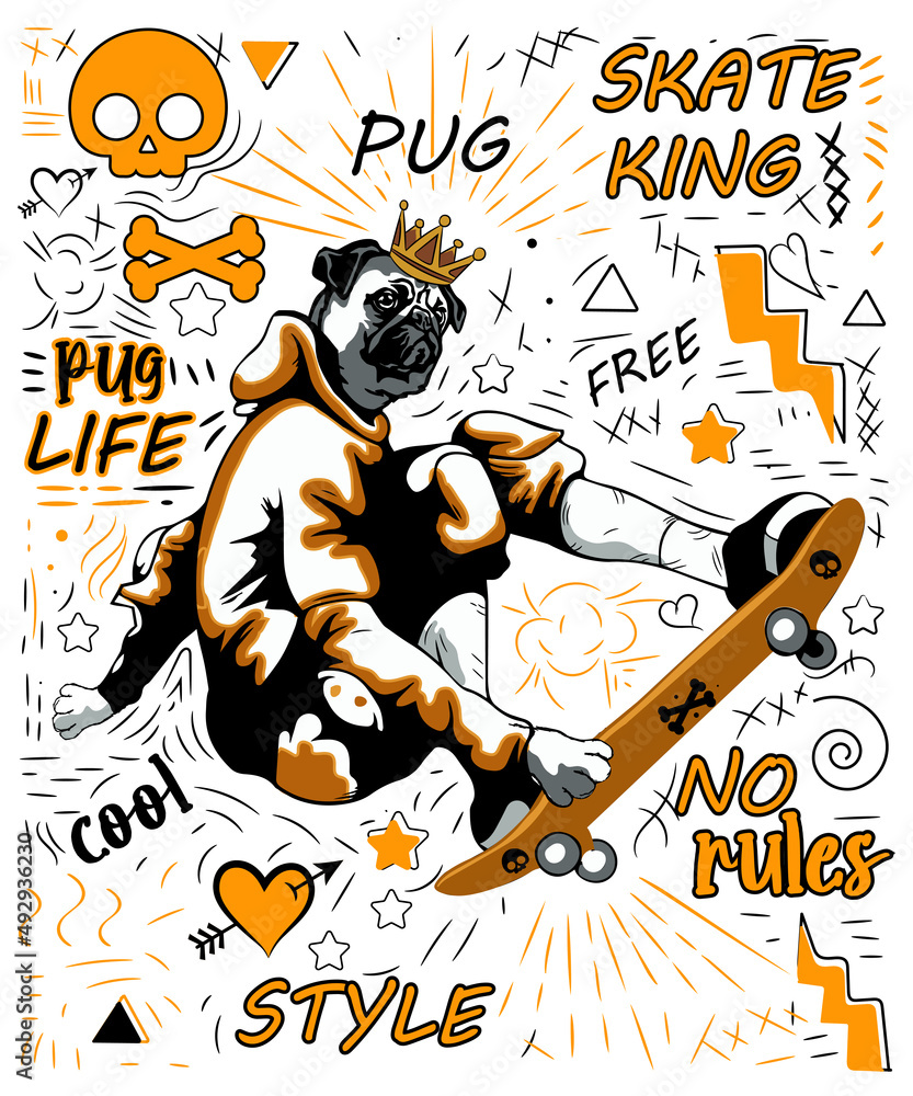 Obraz premium Pug Life Skate King Cool Dog T-shirt
