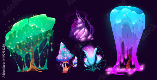 Fantasy plants, magic or alien planet mushrooms and trees. Cartoon unusual nature elements for game, fairy tale book, isolated beautiful strange glowing and slimy flowers, Vector illustration, set