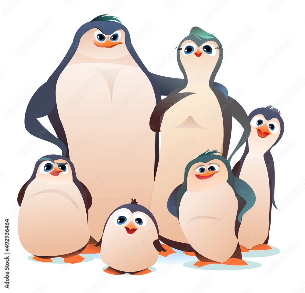 Fototapeta premium Penguin cartoon. Bird family. Parents and children are chicks of different ages and characters. Cheerful funny person. Koik style. Isolated on white background. Vector