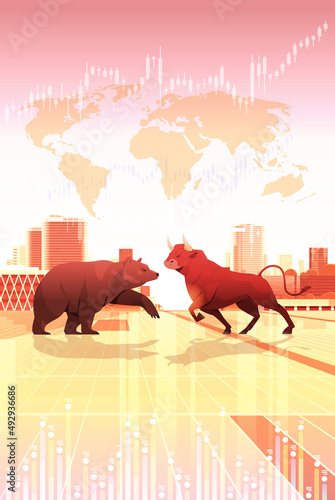 angry fighting bull and bear in attacking pose dangerous mammal animals market trend stock exchange trading