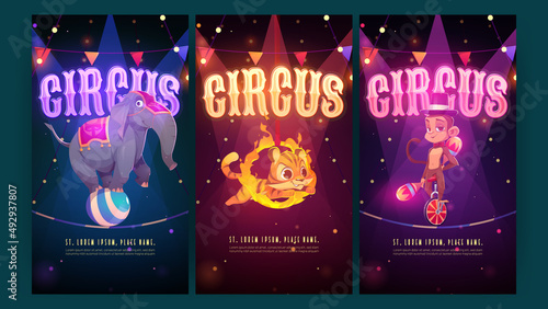 Circus posters with animals artists. Vector invitation flyers to carnival performance with cartoon illustration of tiger jumping through fire ring, monkey juggler and elephant standing on ball
