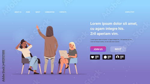 women group discussing during meeting mix race business women having conversation horizontal copy space