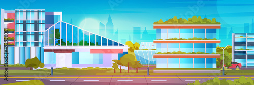 future city futuristic unusual shapes buildings and green trees modern architecture urban town cityscape background