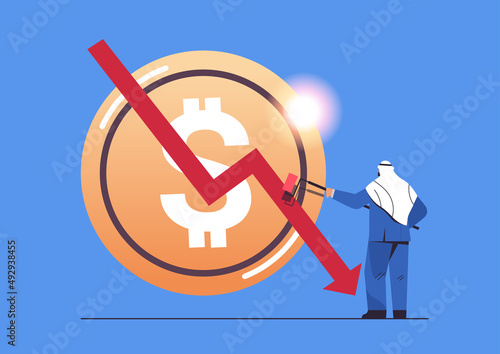 arab businessman painting downward arrow with roller paint financial crisis bankruptcy concept