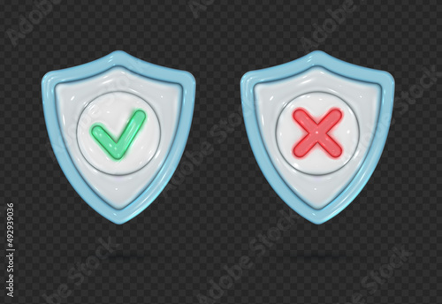 3d glossy shield in realistic style. Glass screen with right and wrong symbol. Security, guaranteed, medical protection icon. Vector render design elements.