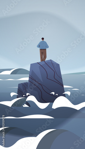 desperate businessman floats on iceberg financial crisis risk management debt loan business danger concept