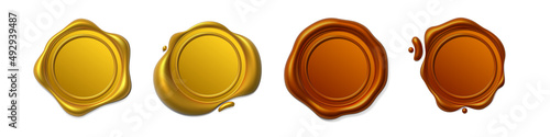 Seal wax 3d. Gold and cooper Wax candle stamp. Realistic vector render design elements.