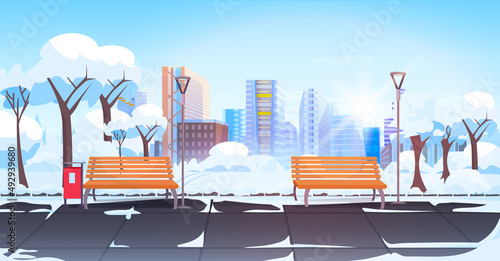 urban park with wooden benches in winter season cityscape background horizontal vector illustration