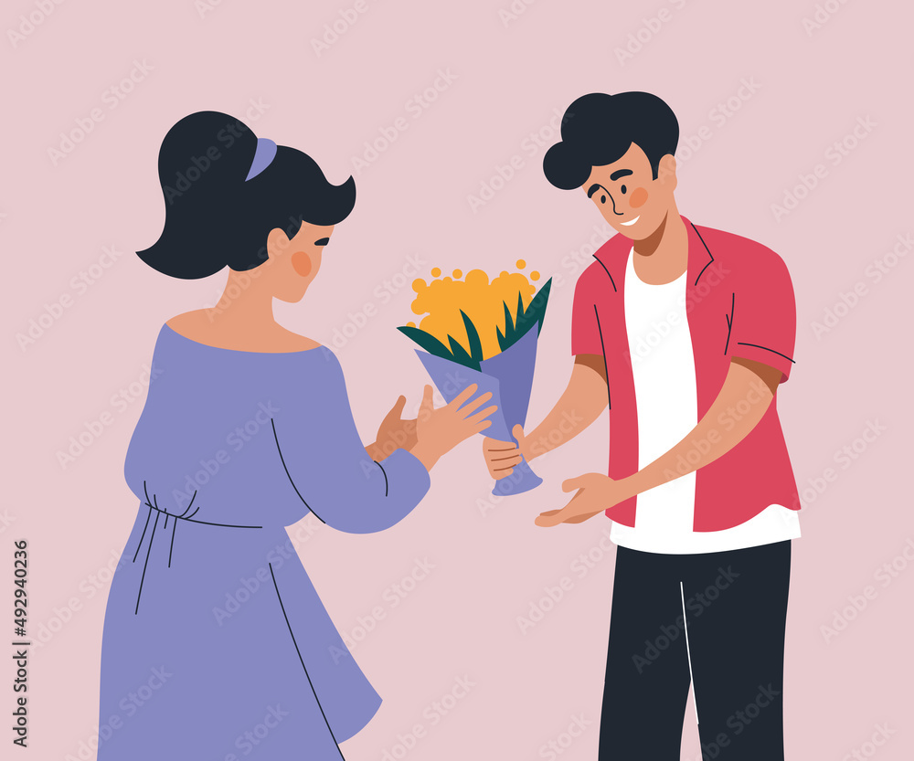 People with flowers. A man gives a bouquet of flowers to a woman. Vector image. People with flowers. A man gives a bouquet of flowers to a woman. Vector image.