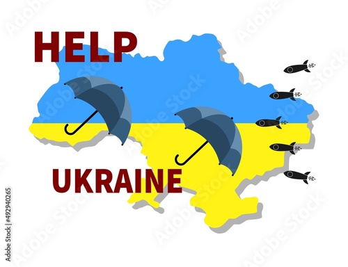 Two umbrellas protects Ukraine against rockets. Ukraine flag. Stop war concept