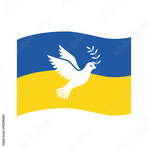 The silhouette of a white dove against the background of the developing flag of Ukraine. Vector illustration isolated on a white background for design and web.