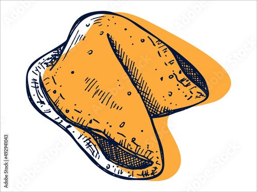 Vector hand drawn chinese fortune cookies isolated on white backgrounds. Food illustration. Crisp cookie with a blank piece of paper inside. For print, web, design, decor, logo.