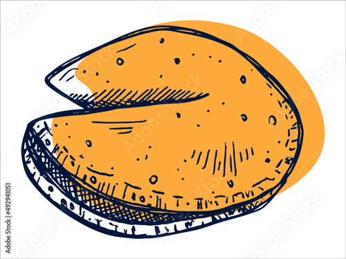 Vector hand drawn chinese fortune cookies isolated on white backgrounds. Food illustration. Crisp cookie with a blank piece of paper inside. For print, web, design, decor, logo.