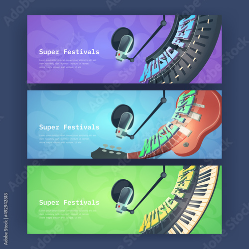 Super festival posters with music instruments and microphone. Vector invitation flyers to jazz, rock or pop party, musical fest with cartoon synthesizer, guitar and sound recording equipment