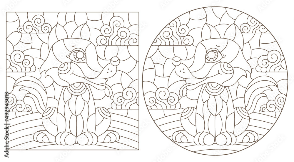 A set of contour illustrations in the style of stained glass with cute cartoon dogs, dark contours on a white background