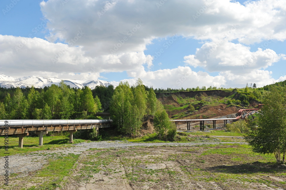 Ridder, Kazakhstan - 06.05.2013 : The pipe of the heating main passes through the forest belt