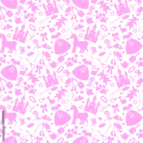 Seamless pattern on the theme of Hobbies baby girls   accessories and toys  the outlines of objects pink icons on a white background 