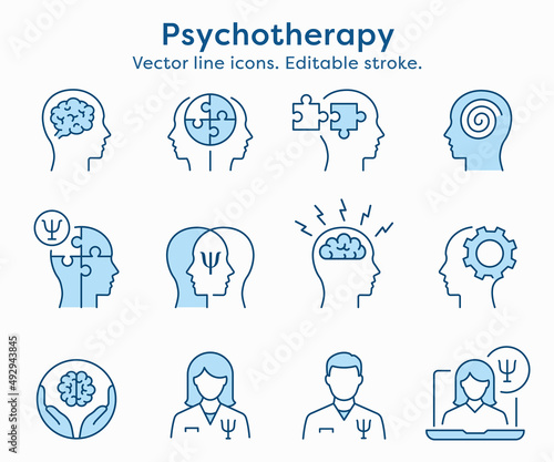 Psychology icon set. Collection of mind, brain, emotion, profile and more. Vector illustration. Editable Stroke.