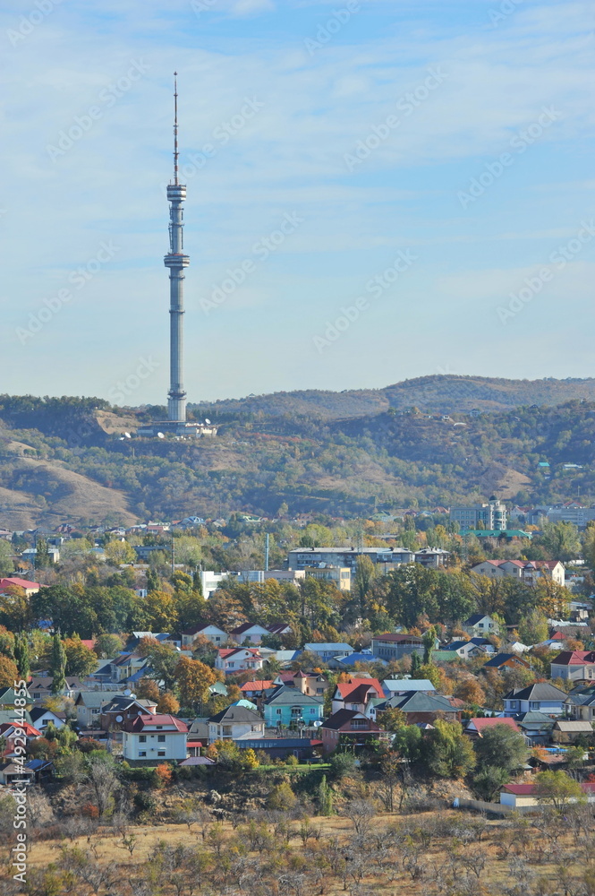 Fototapeta premium Almaty, Kazakhstan - 10.19.2012 : Residential buildings and commercial buildings located in the city center at the foot of the mountains.