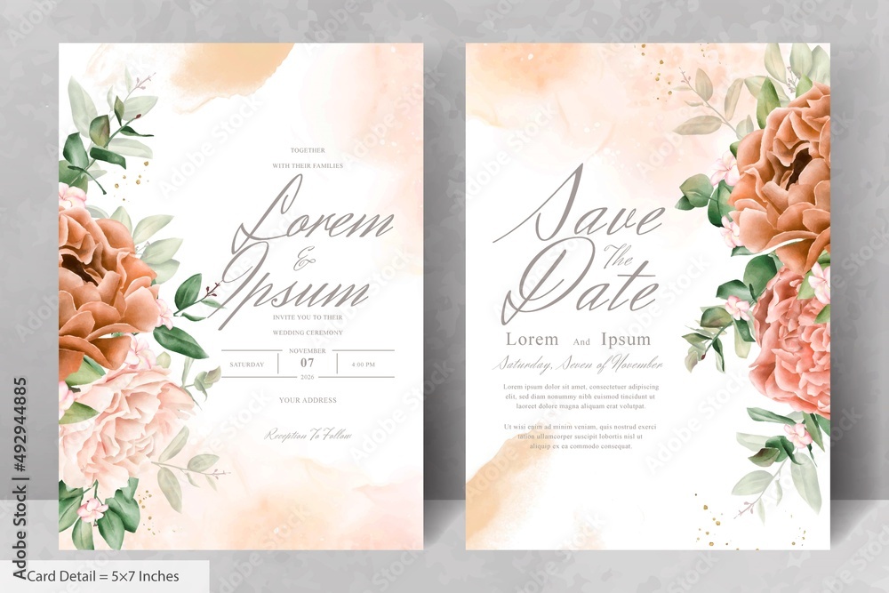 Realistic Watercolor Floral Wedding Invitation Card Template with Hand Drawn Flower and Leaves