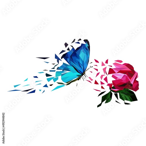 Broken Butterfly and flower illustration with Low polygon isolated  . Modern geometric design.