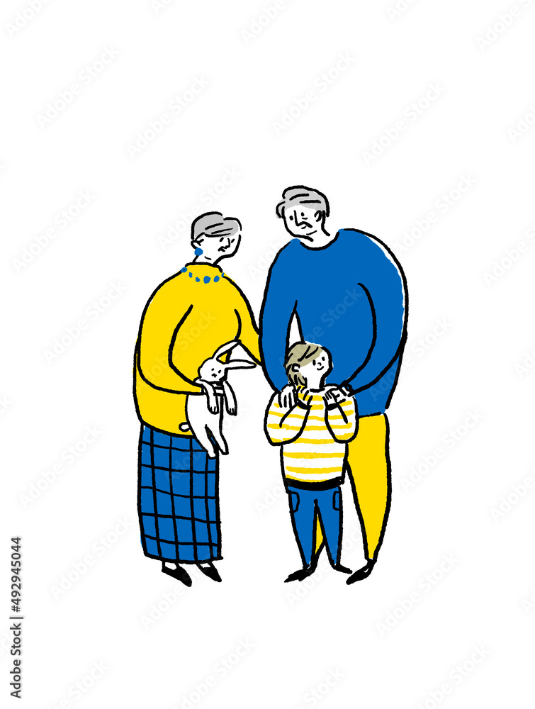 小さい子供とシニア男性と女性、孫と祖父母、カラー（縦、中央配置）