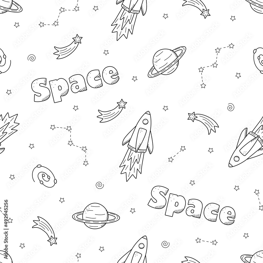 custom made wallpaper toronto digitalCosmos doodle is a set of vector illustrations. Seamless pattern icons of space elements rocket cosmonaut stars satellite telescope comet.