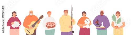 Elderly happy people are hobbies and leisure. Knitting, cooking, caring for animals and plants, chess, fishing